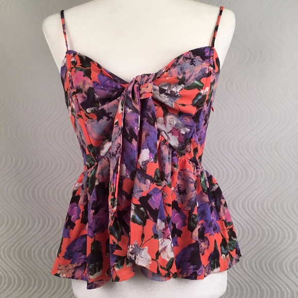 Leith Tops - Leith Peplum Spaghetti Strap Floral Blouse, M
